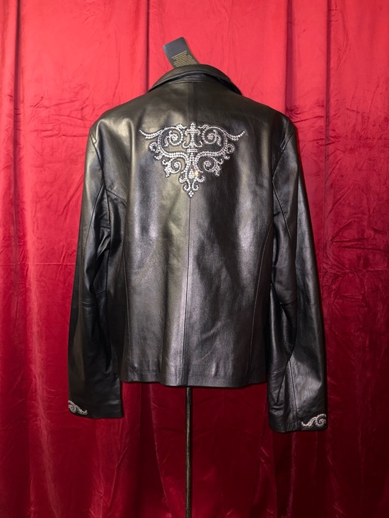 Christine Alexander Jackets & Blazers - Christine Alexander Black Leather Jacket with Beaded Back Motif